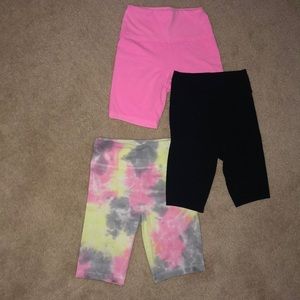 3 bike/cycle shorts. Tie dye neon pink and black